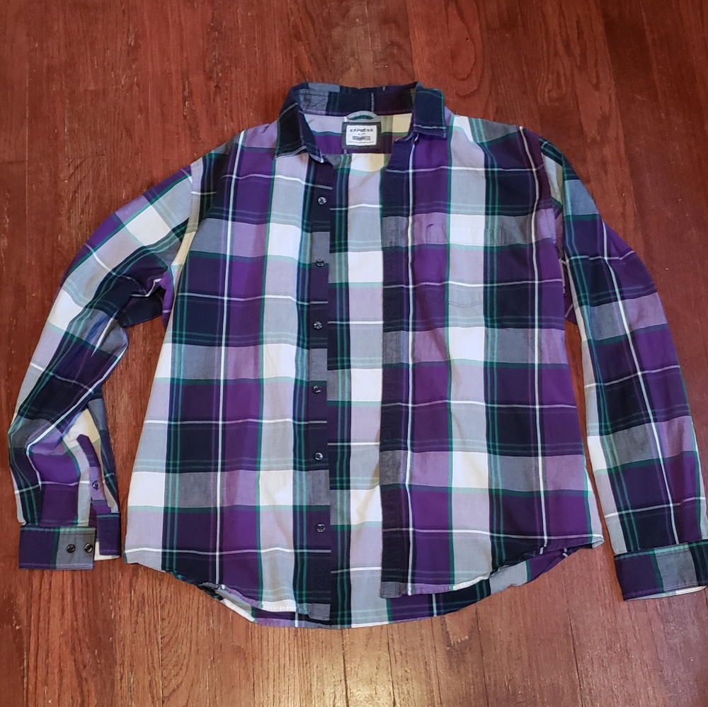 Purple plaid button down shirt